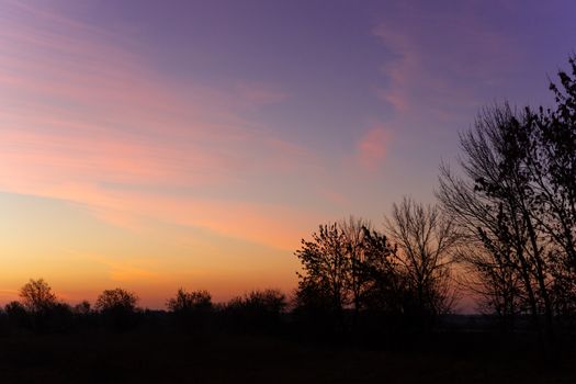 Blue time evening sky landscape with trees in foreground. Blue time sunset. Perfect teal and orange colors. Low-light underexposed photo