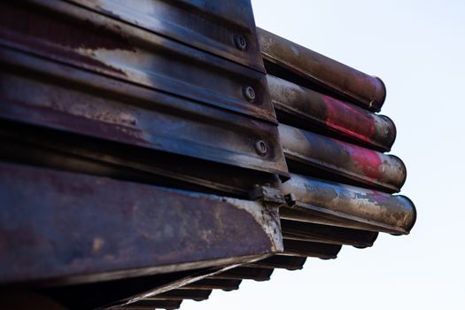 Missile firing system on military armored truck close up view. Rocket launcher closeup.