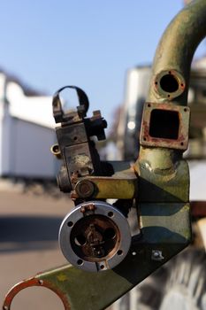 Aiming device for military rocket launcher. Outdoor military vehicles museum. Aiming device for missile launching system.