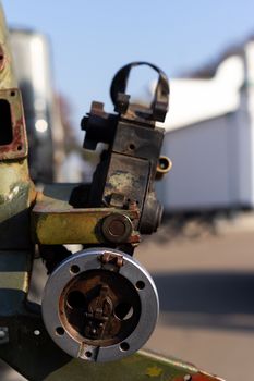 Aiming device for military rocket launcher. Outdoor military vehicles museum. Aiming device for missile launching system.