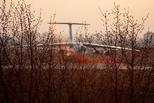 Big cargo plane on blurred background in golden time evening lights. In foregroung a lot of branches of trees.