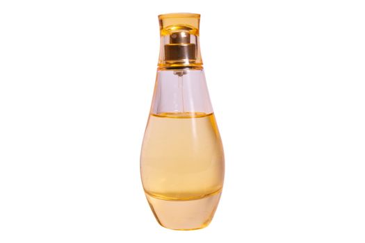 Warm yellow colour glass parfum bottle isolated on white background.