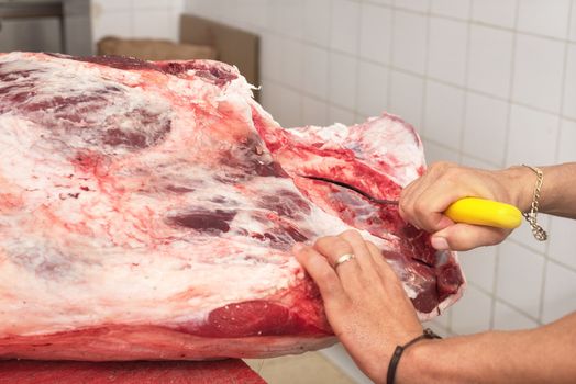 butcher cutting meat in the butchery. Close up