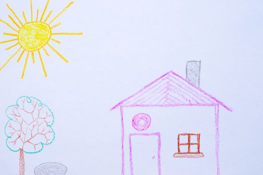 Children`s drawing of house, tree, sun and rock on white paper. Kindergarten age drawings.