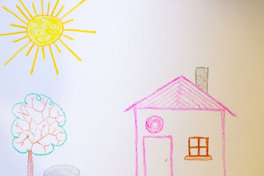 Children`s drawing of house, tree, sun and rock on white paper. Kindergarten age drawings.