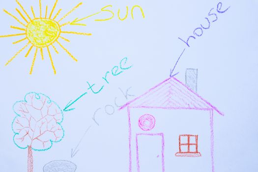 Children`s drawing of house, tree, sun and rock on white paper with signs. Kindergarten age drawings.