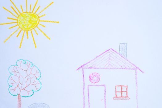 Children`s drawing of house, tree, sun and rock on white paper. Kindergarten age drawings.