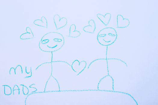 Children`s drawing of two men on white paper. Kindergarten age drawings. One sex love drawing. My dads insciption.