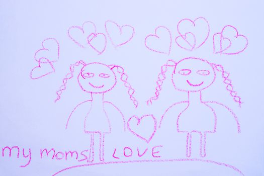 Children`s drawing of two women on white paper. My moms inscriptions. Kindergarten age drawings. One sex love. Lesbian love drawing.