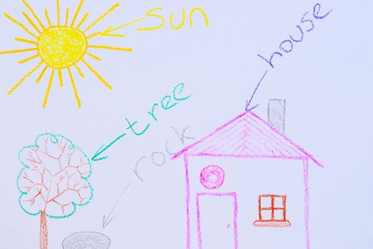 Children`s drawing of house, tree, sun and rock on white paper with signs. Kindergarten age drawings.