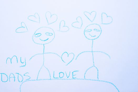 Children`s drawing of two men on white paper. Kindergarten age drawings. One sex love drawing. My dads insciption.