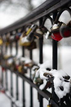 Padlocks on a fence in park. Winter time, romantic place in park. Closeup view with blurred background.