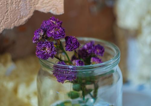 Purple flaccid flower in a glass jar on the background of a broken window sill