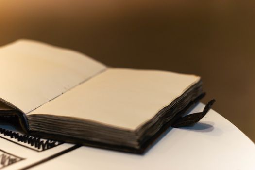 Handmade magic notebook with tower symbol on cover. Leather cover and handmade sheets inside. Notebook have 12 signs of the zodiac on first page. Very blurred background with soft focus on notebook.