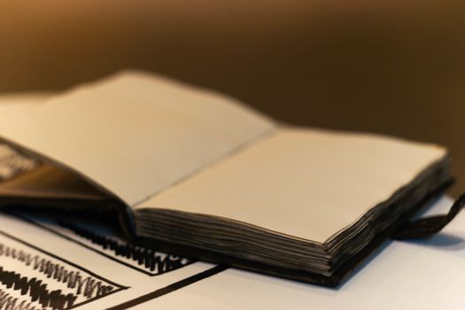 Handmade magic notebook with tower symbol on cover. Leather cover and handmade sheets inside. Notebook have 12 signs of the zodiac on first page. Very blurred background with soft focus on notebook.