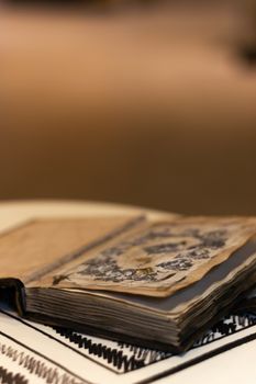 Handmade magic notebook with tower symbol on cover. Leather cover and handmade sheets inside. Notebook have 12 signs of the zodiac on first page. Very blurred background with soft focus on notebook.