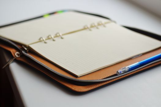 Undated diary on rings with blue pen on white background.