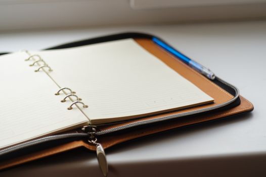 Undated diary on rings with blue pen on white background.