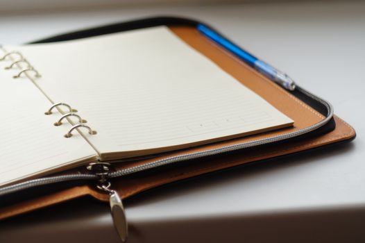 Undated diary on rings with blue pen on white background.