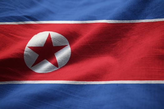 Closeup of Ruffled North Korea Flag, North Korea Flag Blowing in Wind