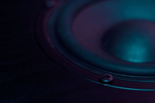 Professional loudspeaker from acoustic system in purple colours. Woofer and midbass speaker on photo. Night club atmosphere.