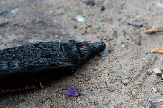 Fired wood on white sand.  Trash on the sand. Ecological problem.
