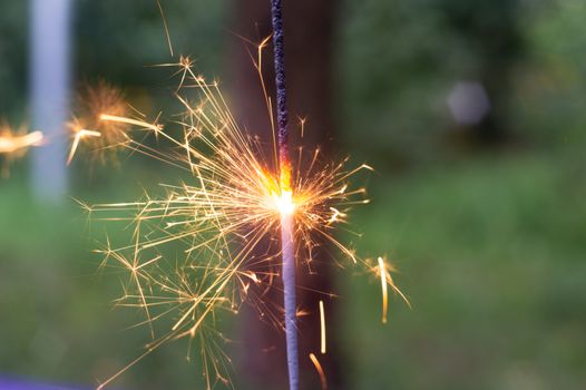 Firing bengali light in hand with blurred bakground close-up view.