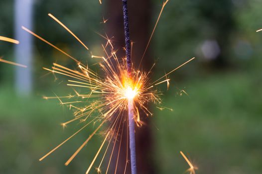 Firing bengali light in hand with blurred bakground close-up view.