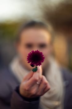 Pretty young girl holds dark purple flower in front of her. Girl is very defocused, soft focus on hand.