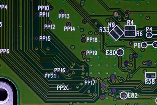 HDD microscheme close-up view. Base is green, macro look.