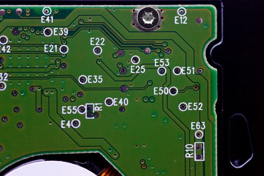 HDD microscheme close-up view. Base is green, macro look.