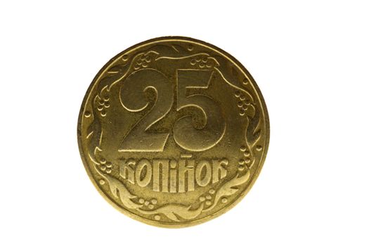 Ukrainian golden colour coin isolated on white background. Close-up view. A conceptual image.