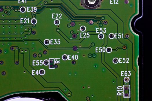 HDD microscheme close-up view. Base is green, macro look.