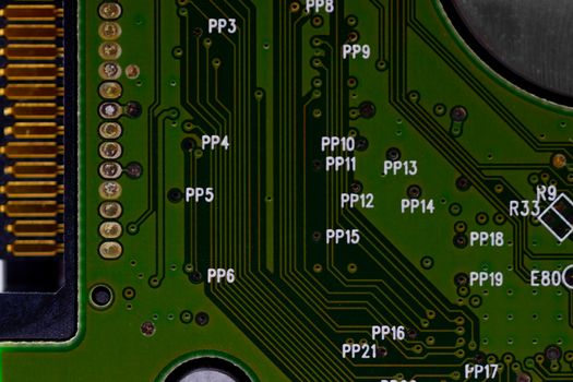 HDD microscheme close-up view. Base is green, macro look.