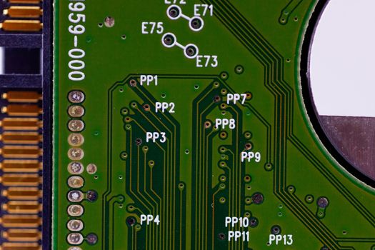 HDD microscheme close-up view. Base is green, macro look.