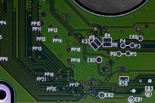 HDD microscheme close-up view. Base is green, macro look.