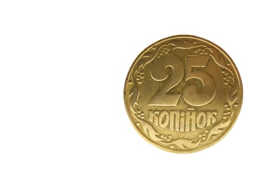 Ukrainian golden colour coin isolated on white background. Close-up view. A conceptual image.