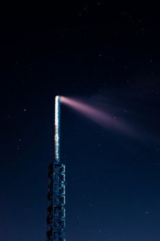 Long exposure night sky stars photo. Boiler tube on foreground. A lot of stars with constellations. Far from the city. Night landscape.