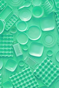 Close up flat lay of different teal blue color painted kitchen utensils and tools, grater, spoon, egg carton, plastic disposable plates, elevated top view, directly above