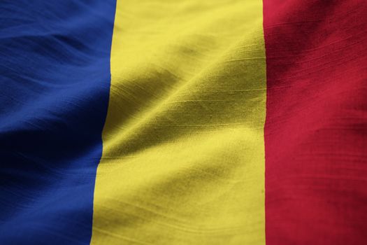 Closeup of Ruffled R omaniaFlag, Romania Flag Blowing in Wind