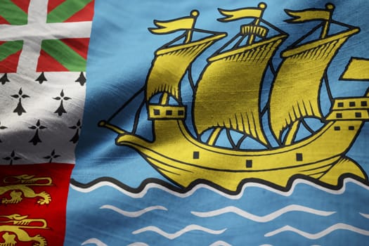 Closeup of Ruffled Saint Pierre and Miquelon Flag, Saint Pierre and Miquelon Flag Blowing in Wind