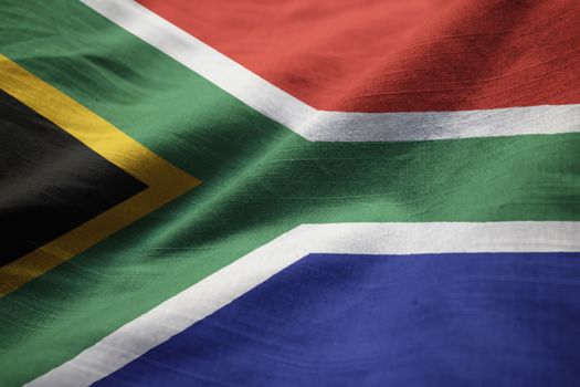 Closeup of Ruffled South Africa Flag, South Africa Flag Blowing in Wind