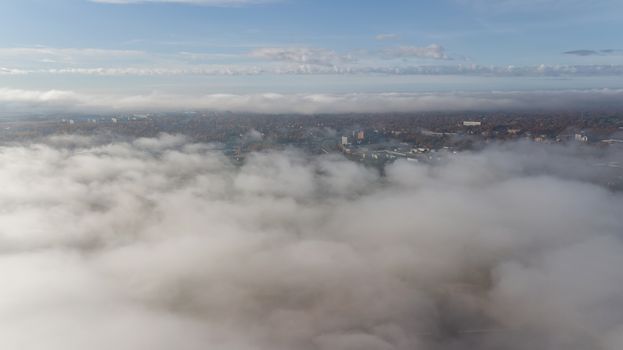 Riga Latvia Daugava river Zakusala island smoke cloud island Aerial drone top view