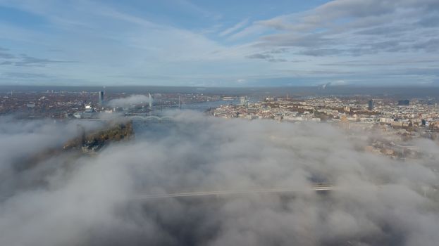 Riga Latvia Daugava river Zakusala island smoke cloud island Aerial drone top view