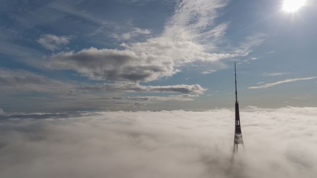 Riga Latvia Tv Tower Zakusala smoke clouds Europe biggest Aerial drone top view