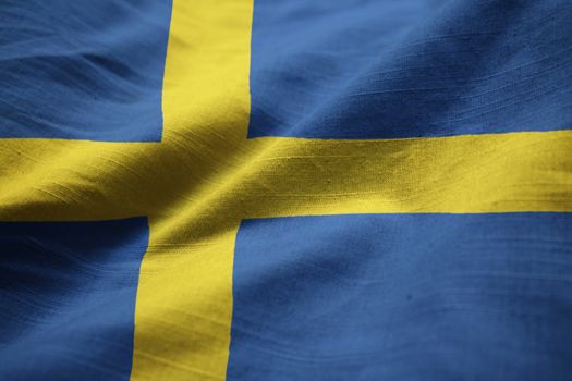 Closeup of Ruffled Sweden Flag, Sweden Flag Blowing in Wind