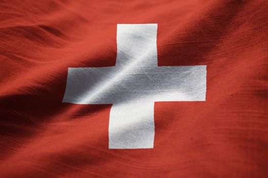 Closeup of Ruffled Switzerland Flag, Switzerland Flag Blowing in Wind