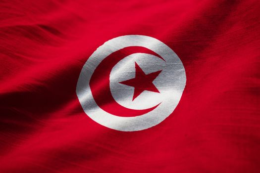 Closeup of Ruffled Tunisia Flag, Tunisia Flag Blowing in Wind