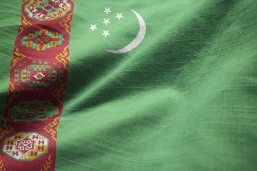 Closeup of Ruffled Turkmenistan Flag, Turkmenistan Flag Blowing in Wind