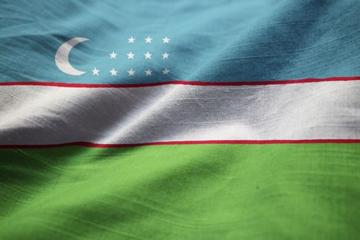 Closeup of Ruffled Uzbekistan Flag, Uzbekistan Flag Blowing in Wind